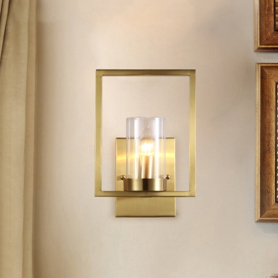 Brass Cylindrical Wall Sconce Contemporary 1 Bulb Clear Glass Wall Light Fixture with Frame