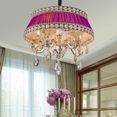 Candle Bedroom Chandelier Lighting Traditional Crystal Drop 5 Heads Purple/Blue Pendant Light Kit with Fabric Shade