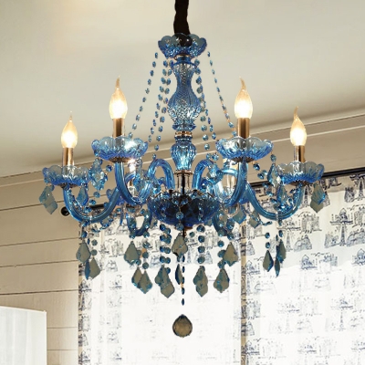 Candle/Cone Crystal Prism Pendant Chandelier Modern 6/18 Bulbs Blue Hanging Ceiling Light with Shade/Shadeless, 23.5