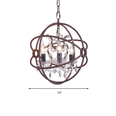Candle Crystal Drop Chandelier Light Vintage 3 Heads Living Room Suspension Light with Orb Rust Iron Frame