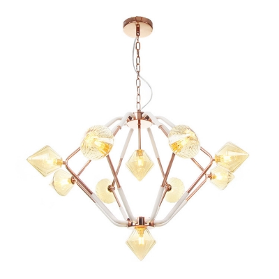 Clear/Amber Glass Diamond Hanging Chandelier Modern Style 4/5/6 Lights Pendant Lighting Fixture in Copper/Brass/Gold for Dining Room