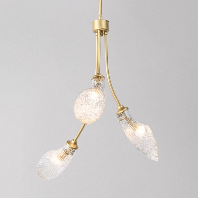 Clear Glass Curved Chandelier Light Fixture Vintage 3 Lights Dining Room Ceiling Pendant in Gold