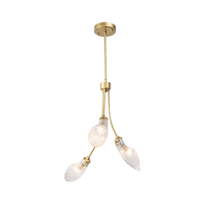 Clear Glass Curved Chandelier Light Fixture Vintage 3 Lights Dining Room Ceiling Pendant in Gold