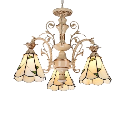 Cone Ceiling Chandelier Baroque Stained Glass 3/5 Lights White and Gold Suspension Pendant Light