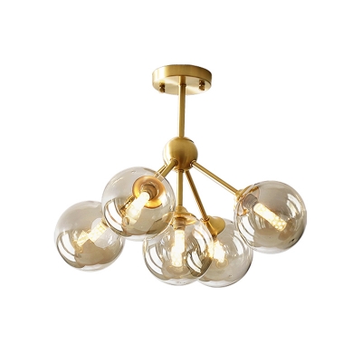 Contemporary 5 Heads Ceiling Chandelier Brass Ball Hanging Light Fixture with Amber Glass Shade