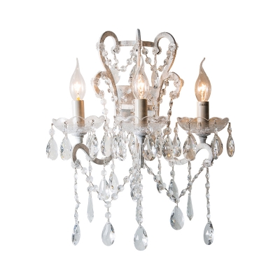 Countryside Curved Arm Wall Mounted Lamp 3 Lights Metal Sconce in Gold/Silver for Living Room with Crystal Draping