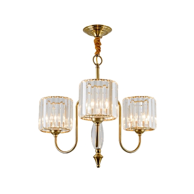 Crystal Cylinder Hanging Chandelier Modern 3/5/6 Bulbs Brass Finish Ceiling Pendant Light with Metal Curved Arm