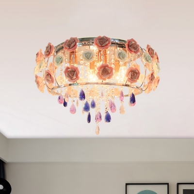 Drum Crystal Ceiling Mounted Fixture Traditional 6/8 Bulbs Living Room Flush Mount Lamp in Pink