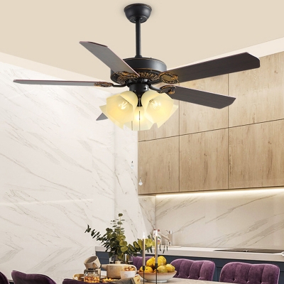 Frosted Glass Black Ceiling Fan Flower 5 Bulbs Retro Semi Flush Mount Chandelier for Living Room