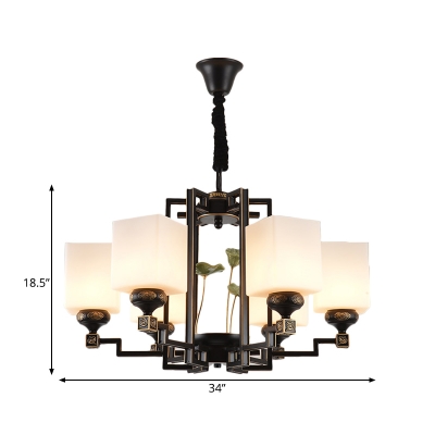 Frosted Glass Black Pendant Chandelier Rectangle 6/8/10 Lights Traditionalist Ceiling Hang Fixture for Bedroom