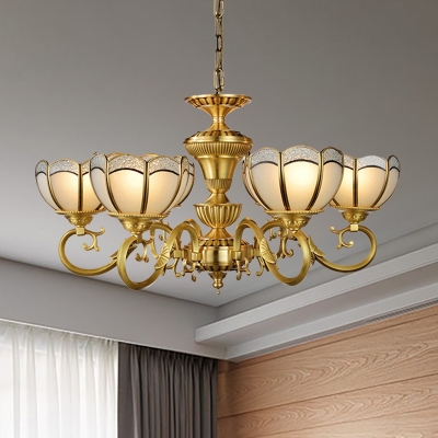 Frosted Glass Bowl Chandelier Lighting Colonial 6 Heads Gold Ceiling Hanging Light with Curved Metal Arm