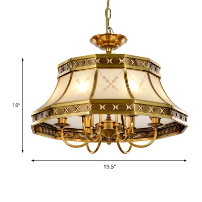Frosted Glass Brass Chandelier Flared 4 Lights Colonialism Down Lighting Pendant for Dining Room