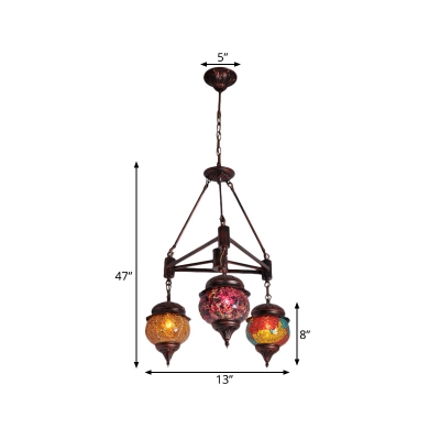 Globe Living Room Ceiling Chandelier Moroccan Crackle Glass 3 Heads Antique Copper Hanging Light Fixture