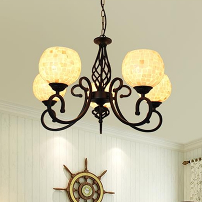 Globe Shell Chandelier Pendant Light Mediterranean 3/5/6 Lights Beige Suspension Lighting for Living Room