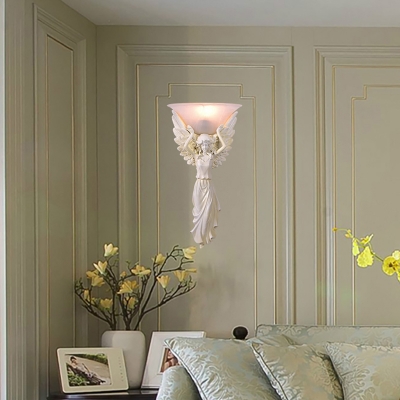 Gold/White Angel Wall Mount Lighting Vintage Style Resin 1 Light Bedroom Sconce Light with Bowl Amber Glass Shade