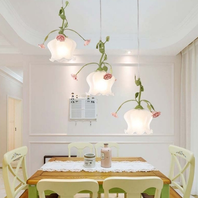 Green Floral Multi Light Pendant Traditional Ivory Glass 3 Heads Restaurant Down Lighting with Metal Round/Linear Canopy