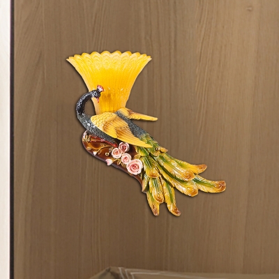 Lodge Style Scalloped Wall Light 1 Head Yellow Glass Wall Sconce Fixture with Peacock Design for Bedroom, Left/Right