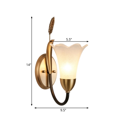 Metal Curved Wall Lamp Vintage Style 1/2-Light Living Room Brass Finish Sconce Lighting with Opal Glass Petal Shade