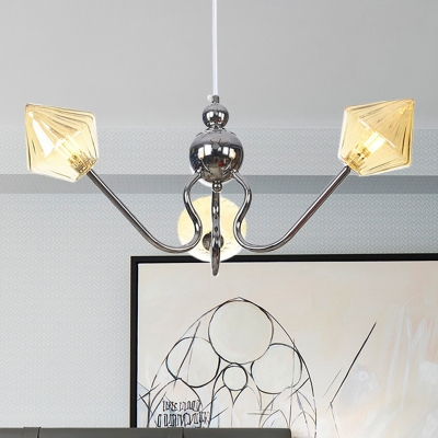Modern 3 Heads Chandelier Lighting Chrome Diamond Hanging Ceiling Light with Amber Glass Shade
