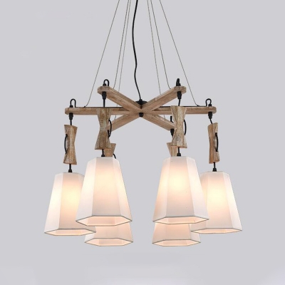 Modern Conical Wood Chandelier Lighting 6 Lights Suspension Light in Black/White/Flaxen with Beige Fabric Shade