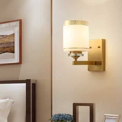 Modernist Drum Wall Light Sconce 1 Light Milky Glass Wall Mount Light in Brass for Living Room
