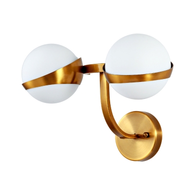 Modernist Milky Glass Ball Wall Light 1/2-Light Brass Sconce Light Fixture with Curved Arm
