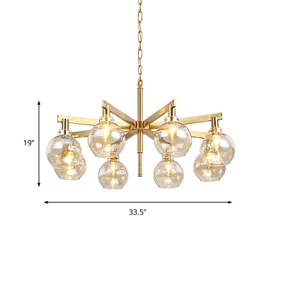 Radial Hanging Chandelier Modern Metal 8 Heads Gold Ceiling Pendant Light with Amber Glass Shade