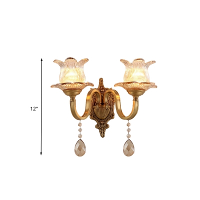 Retro Flower Wall Mount Lamp 1/2 Heads Clear Ribbed Glass LED Wall Sconce Lighting in Brass