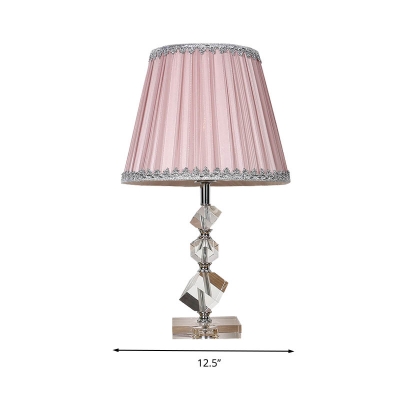 Simple Pleated Shade Night Light 1 Head Fabric Table Lamp in Pink with Square Crystal Accent