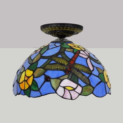 Stained Glass Dragonfly Ceiling Fixture Tiffany 1 Light Blue/Purple/Yellow Flushmount Ceiling Lamp for Living Room