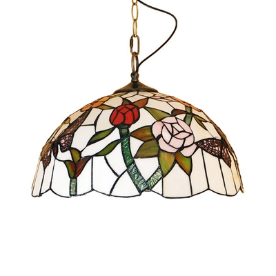 Stained Glass Red/White Pendant Lighting Flower 1 Light Tiffany Style Hanging Light Fixture