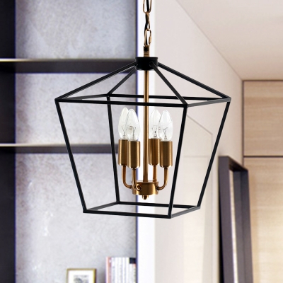 Tapered Shade Metal Chandelier Light Fixture Vintage Style 4 Heads Black Ceiling Lamp with Wire Frame