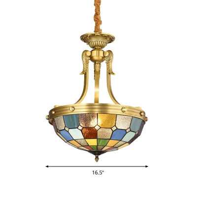 Tiffany Grid Patterned Hanging Chandelier 3 Heads Stained Art Glass Pendant Ceiling Light in Blue/Textured Silver