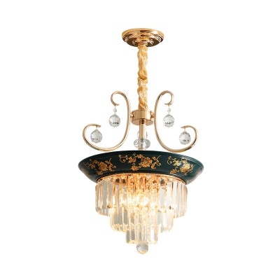 Tri-Sided Crystal Rod 3 Tiers Chandelier Lamp Traditional 3/5 Lights Dining Room Ceiling Light in Light Green/Dark Green