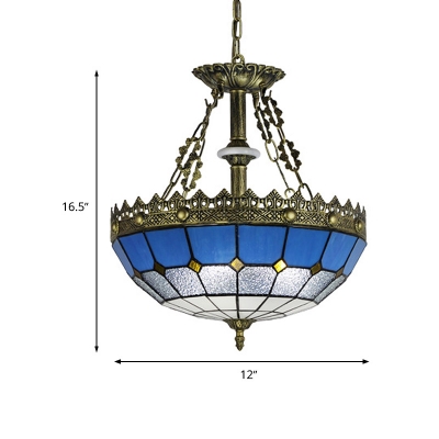 White/Blue Bowl Chandelier Lighting Tiffany-Style 3 Lights Stained Art Glass Pendant Lamp for Bedroom, 12