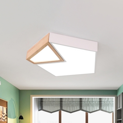Wood Pentagon Flush Mount Lighting Minimalist White/Green LED Ceiling Light Fixture, Warm/White Light
