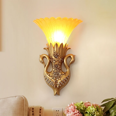 Yellow Glass Flared Wall Sconce Fixture Vintage 1 Head Corridor Wall Mounted Lamp with Gold/White Swan Design