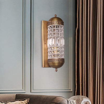 1 Light Bedroom Sconce Light Traditional Brass Wall Mounted Lamp with Cylinder Crystal Shade