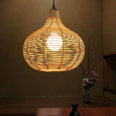 1 Light Dining Room Hanging Lamp Contemporary Beige Ceiling Light with Teardrop Bamboo Shade