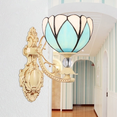 1 Light Floral/Tapered Wall Mount Lamp Mediterranean Silver/White/Pink Stained Art Glass Sconce Light Fixture