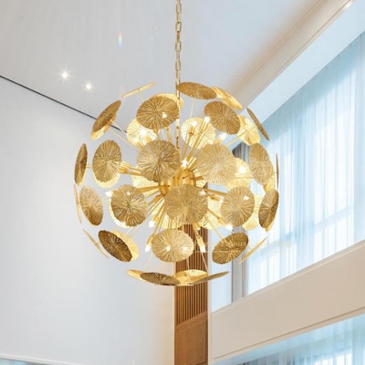 12/20 Bulbs Ball Pendant Lamp Colonial Gold Metal Chandelier Light Fixture for Living Room