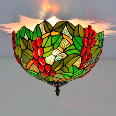 2/5 Heads Porch Ceiling Mounted Fixture Tiffany Bronze Flush Mount Lamp with Leaf Stained Glass