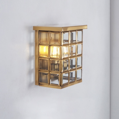 2-Light Grid Flush Wall Sconce Colonial Clear Glass Outdoor Wall Mount Light in Gold