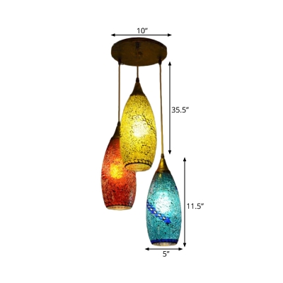3 Lights Multi Light Pendant Bohemia Teardrop Red-Yellow-Blue Glass Suspension Lamp for Living Room
