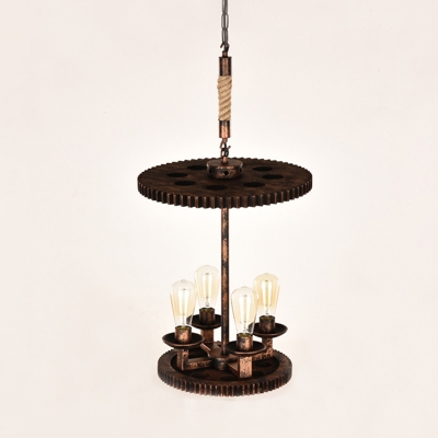 4 Lights Open Bulb Ceiling Chandelier Vintage Weathered Copper Metal Hanging Fixture