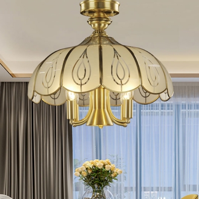 5 Bulbs Scalloped Ceiling Light Fixture Colonial Brass Satin Opal Glass Semi Flush Mount Lighting for Living Room