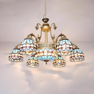 9/11 Lights Pendant Chandelier Tiffany Dome Shaped Hand Cut Glass Down Lighting in Blue for Living Room
