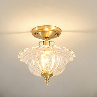Amber/Clear Glass Semi Flush Light Modern Bowl Semi Flush Mount Ceiling Light in Brass for Corridor