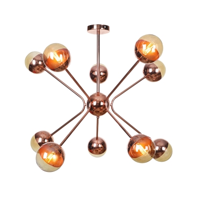 Amber Glass Orb Chandelier Light Modernist 12 Bulbs Pendant Lighting Fixture in Rose Red with Metal Arm