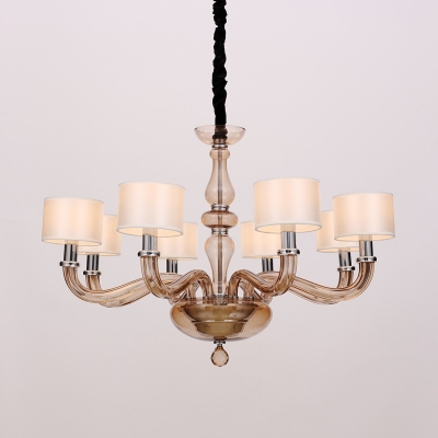 Armed Chandelier Lamp Traditionary White Glass 6/8/12 Heads Pendant Light Fixture with Drum Fabric Shade